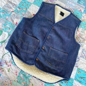 Vintage 70s Roebucks Sherpa Lined Dark Denim Vest Western Snap Button + Pockets